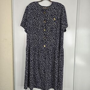 VTG 90S Navy Blue White Floral Print‎ Short Sleeve button Front Midi Dress SZ 18